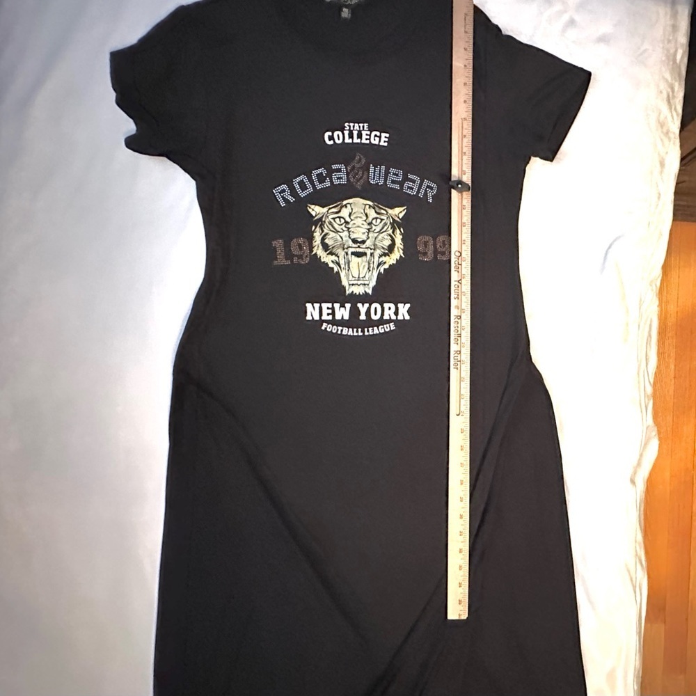 Rocawear Y2K Maxi Shirt Dress 1X Plus Black Tiger Side Slits Studded Gems Logo - Picture 4 of 6